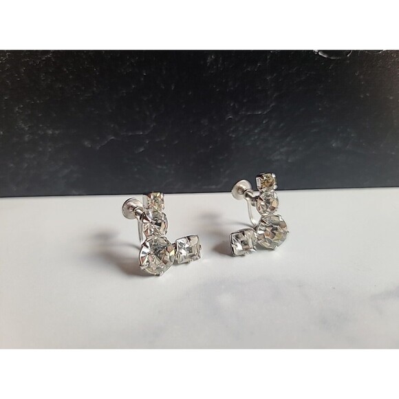 Prong Set Clear Rhinestone Screwback Earrings Vintage - Picture 6 of 10